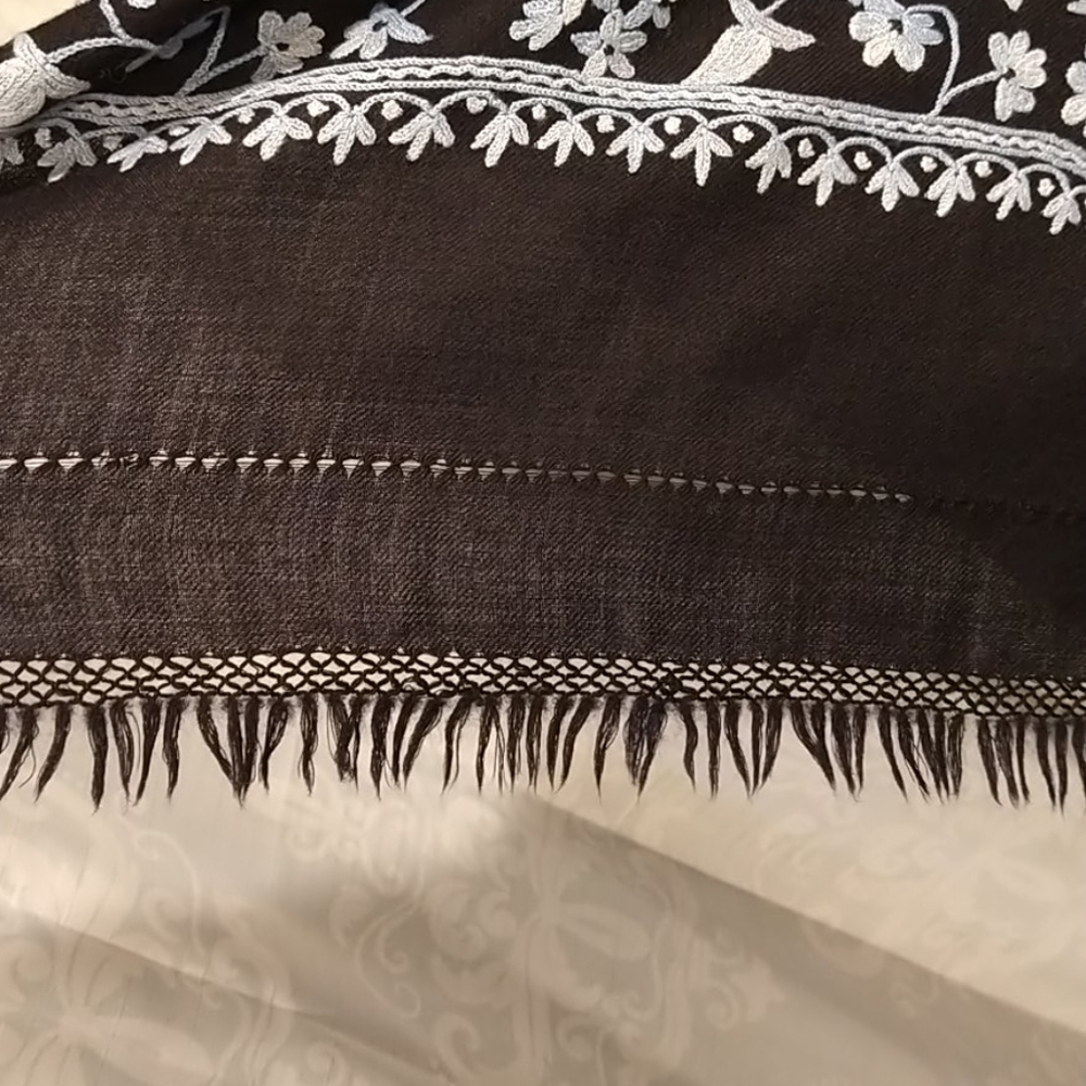 Dark Navy Pashmina Shawl W/ Embroidered Flowers - Picture 3 of 9